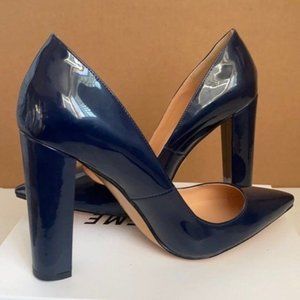 NEW Ladies Navy Blue Patent Leather Closed Pointed Toe Block Heel Shoe Size 15